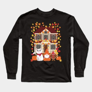 Happy Autumn Thanksgiving British Longhair Cat Gnome Turkey Long Sleeve T-Shirt